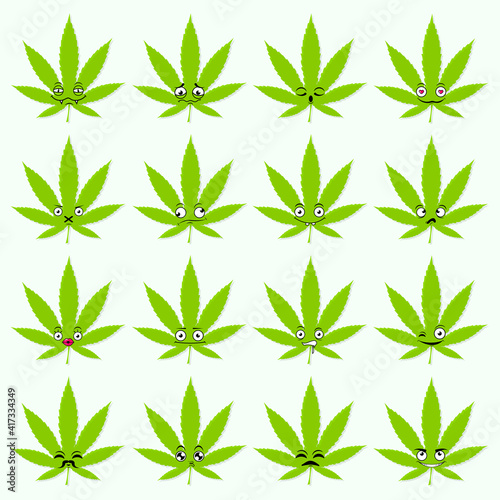 Cute emoticon set: adorable cartoon cannabis leaf with different emotions. Flat vector illustration.Ganja leaves with emoji.