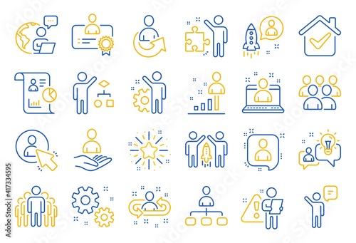 Management line icons. Set of Business audit, Startup strategy and Employee icons. Business strategy, Startup and Teamwork. Organization management, report and group algorithm. Employee job. Vector
