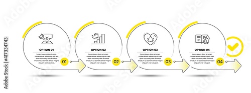 Ranking star, Growth chart and Judge hammer line icons set. Timeline process infograph. Engineering documentation sign. Love rank, Diagram graph, Judgement. Manual. Education set. Vector
