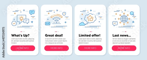 Set of Technology icons, such as Wifi, Ranking stars, Idea lamp symbols. Mobile app mockup banners. International globe line icons. Wireless internet, Winner award, Business energy. Vector