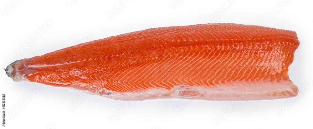 Chilled salmon fillet skin side down on a white background Chilled salmon fillet skin side down on a white background