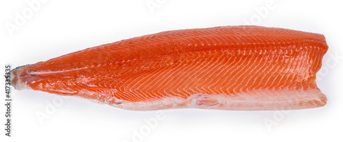 Chilled salmon fillet skin side down on a white background