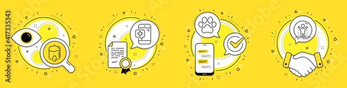 Dog paw, Medical phone and Drop counter line icons set. Licence, cell phone and deal vector icons. Recovered person sign. Pets, Mobile medicine, Medical equipment. Quarantine. Healthcare set. Vector