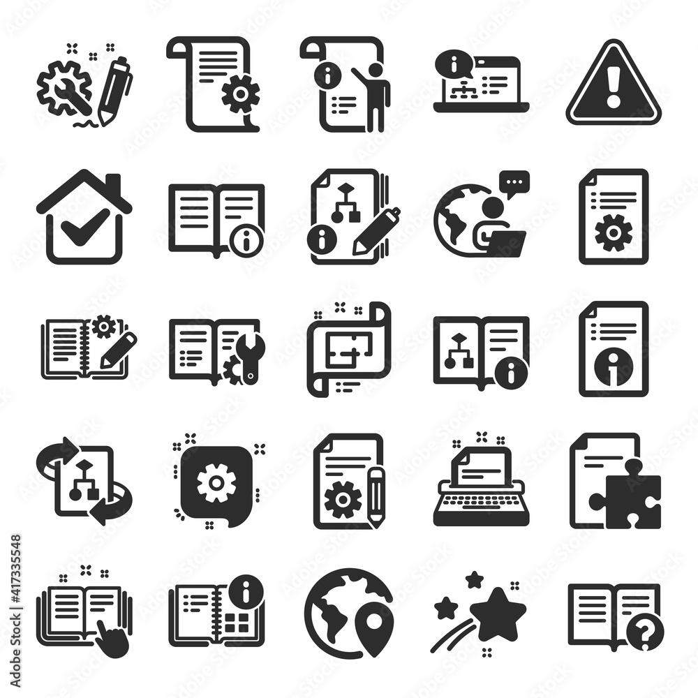 Technical document icons. Set of Instruction, Plan and Manual icons. Help document, Building plan and Algorithm symbols. Technical blueprint, Engineering instruction, Work tool, building. Vector