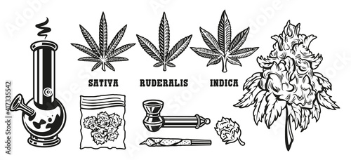 Set elements devices for smoking marijuana leaves on the white background