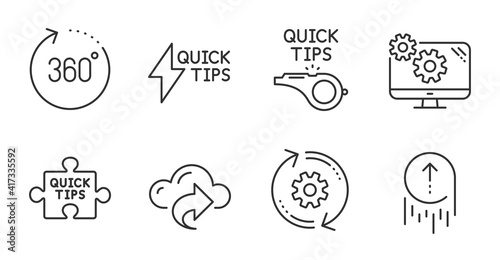 Swipe up, Cloud share and Cogwheel line icons set. Tutorials, Settings and Quick tips signs. 360 degrees, Quickstart guide symbols. Scrolling page, Data sharing, Engineering tool. Vector