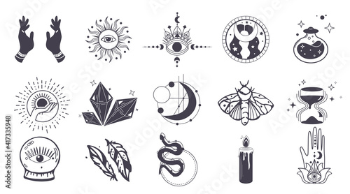 Hand drawn set of celestial bodies and mystic magical elements Crystal, butterfly, hourglass, candle, sun in boho style. Esoteric element pack design. Perfect for tattoo, textile, cards,mystery.Vector