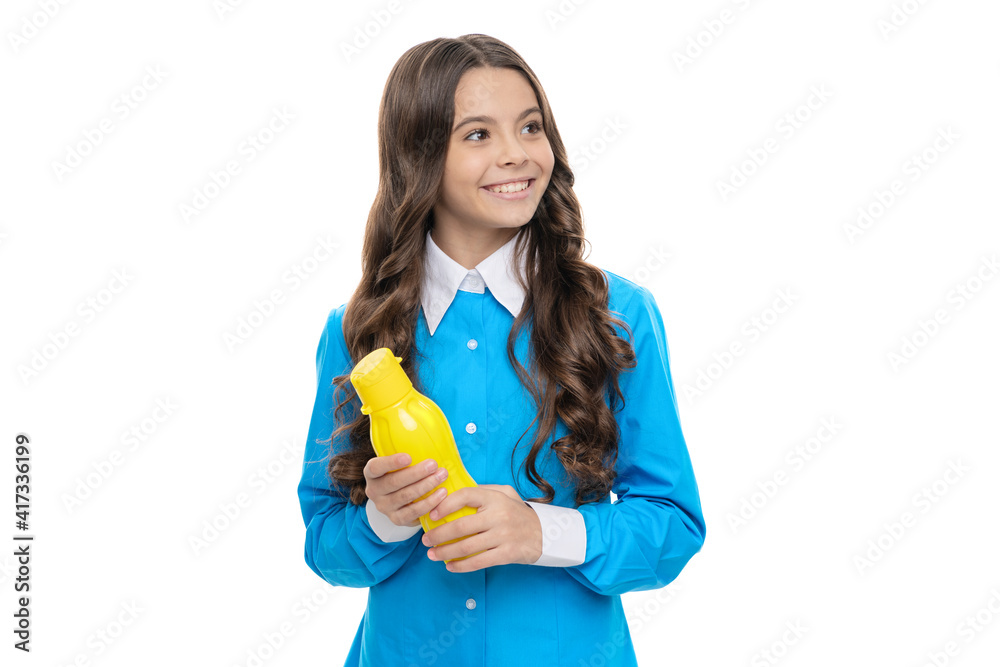 Satisfy your appetite. Happy kid hold bottle isolated on white. Yogurt snack. Appetite control Satisfy your appetite. Happy kid hold bottle isolated on white. Yogurt snack. Appetite control