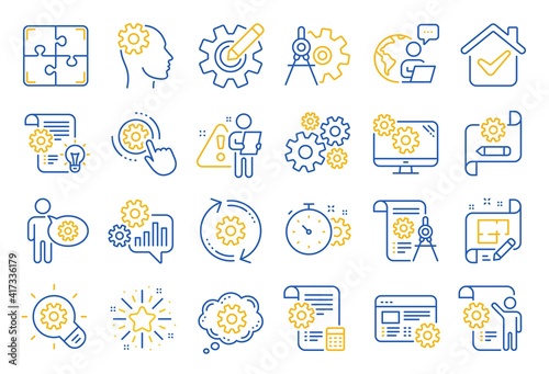 Engineering line icons. Set of Idea bulb, Dividers tools and Blueprint linear icons. Cogwheel, calculate price, mechanical tools. Idea bulb with cog, architect dividers, engineering people. Vector