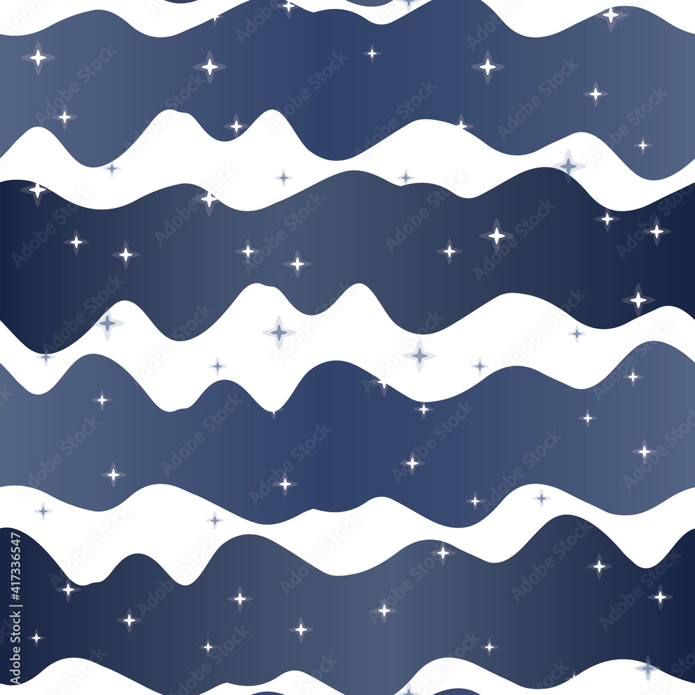 Fototapeta premium Vector Abstract Sparkling Sky Wavy Stripes in Navy Blue and White seamless pattern background. Perfect for fabric, wallpaper and scrapbooking projects.