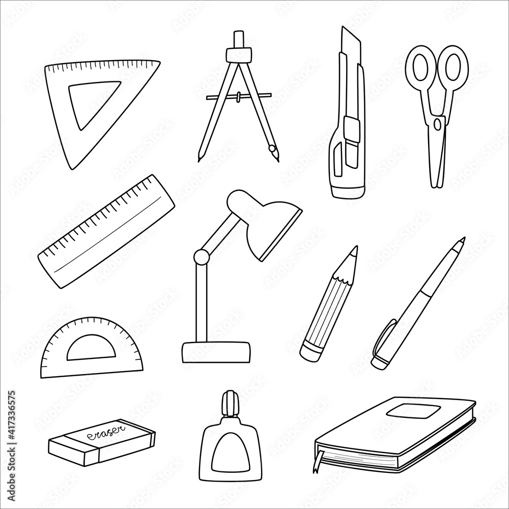 Fototapeta premium Set of stationary for school, doodle of stationary