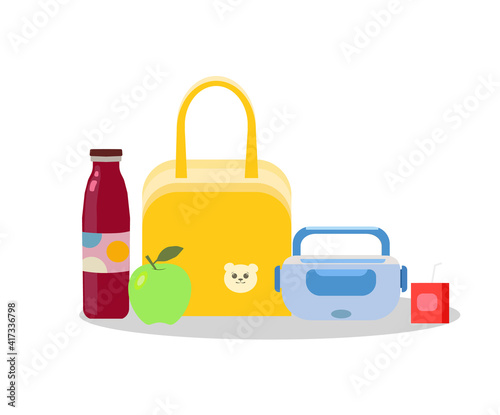 Lunchbox set with a juice box, backpack, plastic container, an apple, beverage bottle. High quality illustration