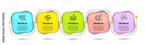 Scissors, Return package and Repairman line icons set. Timeline process flowchart. Arena sign. Cutting ribbon, Exchange goods, Repair service. Sport stadium. Business set. Vector