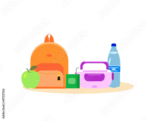 Lunchbox set with a juice box, backpack, plastic container, an apple, beverage bottle. High quality illustration