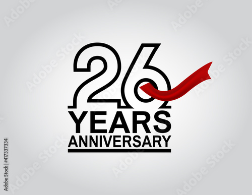 26 years anniversary logotype with black outline number and red ribbon isolated on white background for celebration