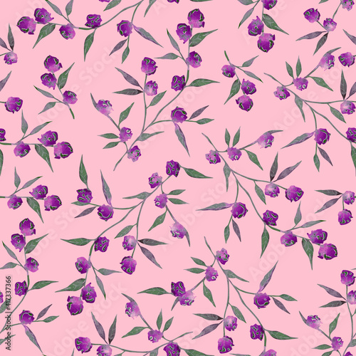 Watercolor abstract flower seamless floral pattern. Small branch on pink background.
