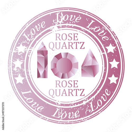 Rubber stamp with rose quartz gems and rose quartz benefit