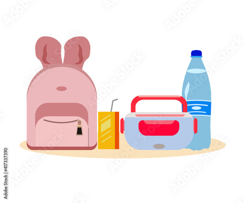 Lunchbox set with a juice box, backpack, plastic container, an apple, beverage bottle. High quality illustration