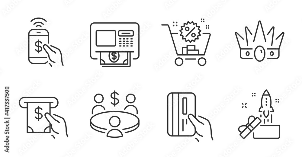 Meeting, Atm and Atm service line icons set. Payment card, Innovation and Phone payment signs. Crown, Shopping cart symbols. Business collaboration, Money withdraw, Cash investment. Vector Meeting, Atm and Atm service line icons set. Payment card, Innovation and Phone payment signs. Crown, Shopping cart symbols. Business collaboration, Money withdraw, Cash investment. Vector