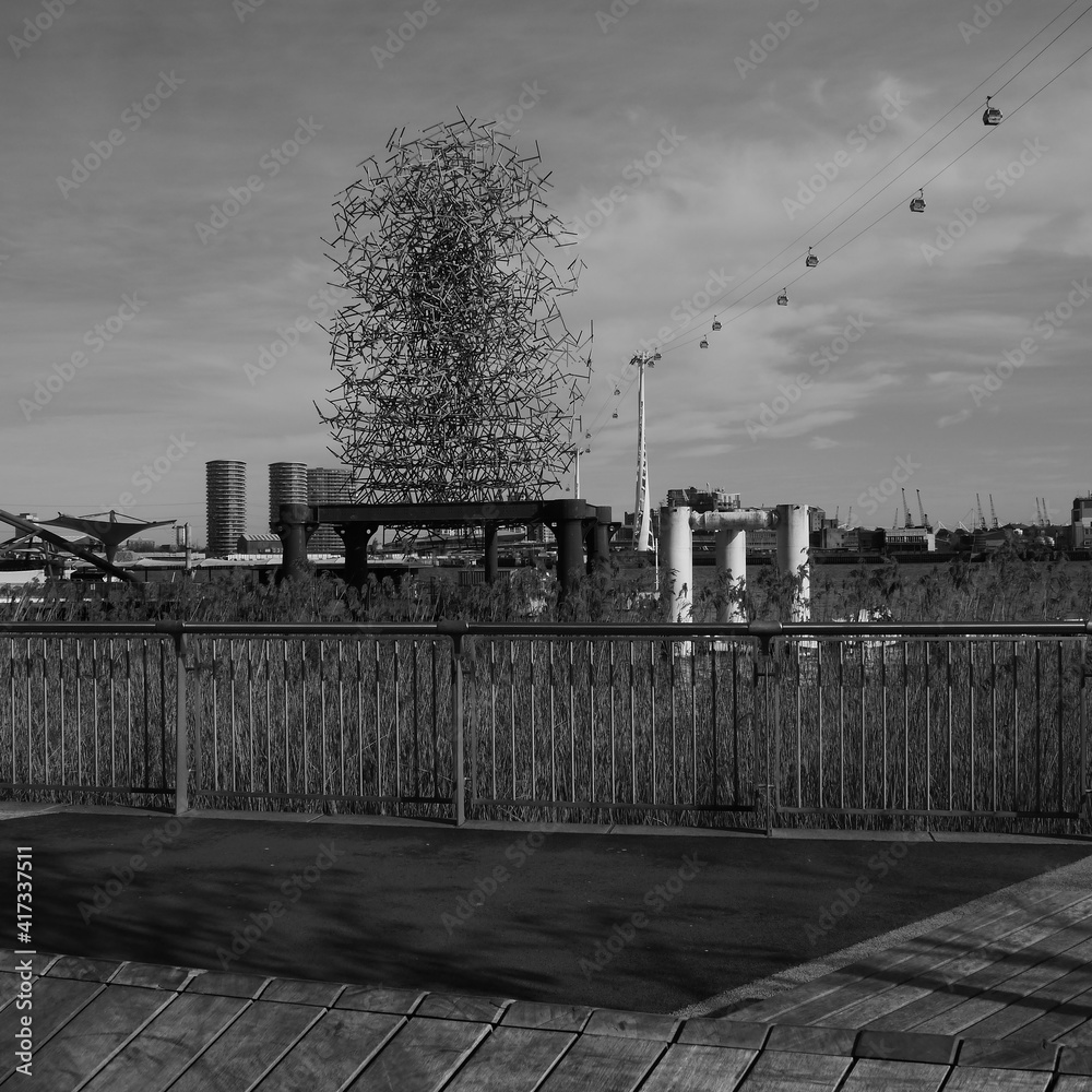 The Quantum Cloud sculpture River Thames Air Line Cable Car black and white