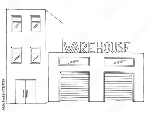 Warehouse exterior storage building front view graphic black white isolated sketch illustration vector