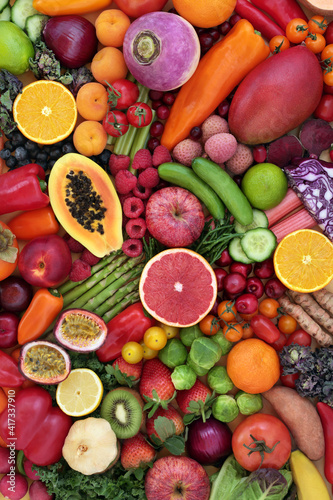 Fototapeta Naklejka Na Ścianę i Meble -  Anti cancer antioxidants health food collection to fight free radicals with fruit and vegetables high in anthocyanin, carotenoids, minerals, lycopene, vitamins and fibre. Healthy lifestyle concept. 