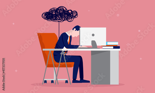 Feeling trapped at work - Businessman unhappy with job and work sitting at desk with head down and dark cloud over head. Depression and fatigue concept. Vector illustration.