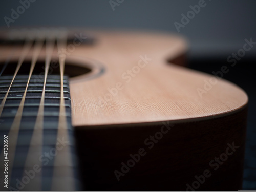 An acoustic guitar seen in a different way.