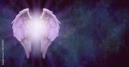 Cuadro en lienzo Rustic Angel Message Background - purple tinged angel wings with glowing light c