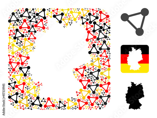 Germany state map subtraction mosaic. Subtraction rounded square collage composed from triangle mesh icons in various sizes, and Germany flag official colors - red, yellow, black.