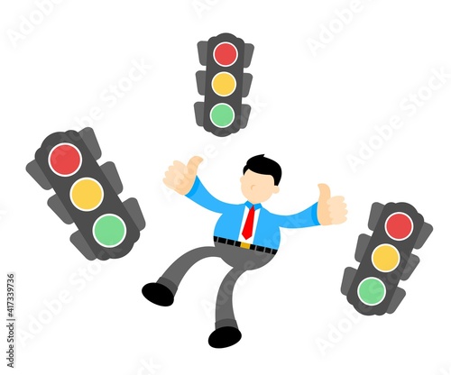 businessman worker give a thumbs up and traffic light cartoon doodle flat design style vector illustration