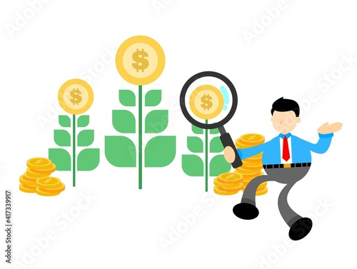 businessman and gold coin money dollar garden cartoon doodle flat design style vector illustration