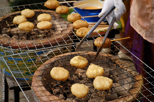 Grilled Sticky Rice ( Khao Jee ), street food of Thailand