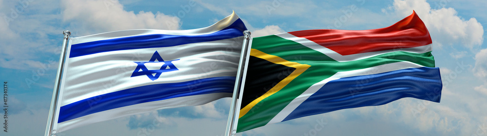 South Africa Flag and Israel Flag waving with texture Blue sky with ...