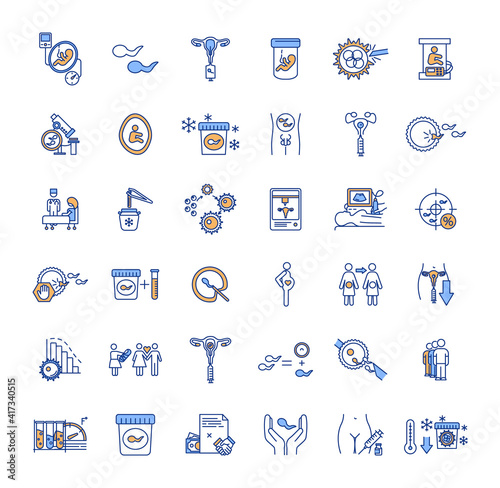 Reproductive technology RGB color icons set. Artificial insemination. Infertility treatment. Reproducing womb conditions. Premature infant support. Cryopreservation. Isolated vector illustrations