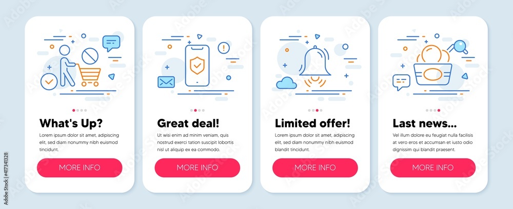 Set of Business icons, such as Stop shopping, Clock bell, Phone protection symbols. Mobile screen app banners. Ice cream line icons. No buying, Alarm, Private access. Sundae cup. Vector