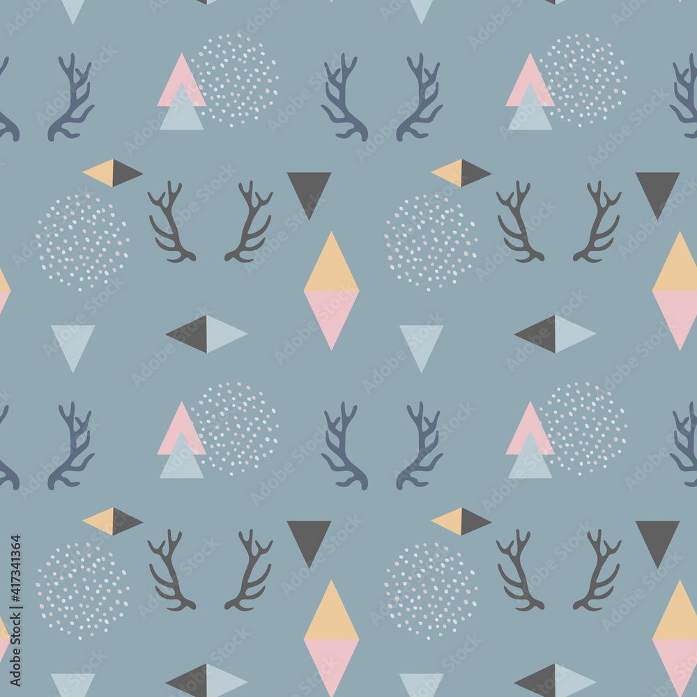 Abstract seamless pattern with horns and triangles in pastel colors. Background for wallpaper, design, wrapping paper, posters.