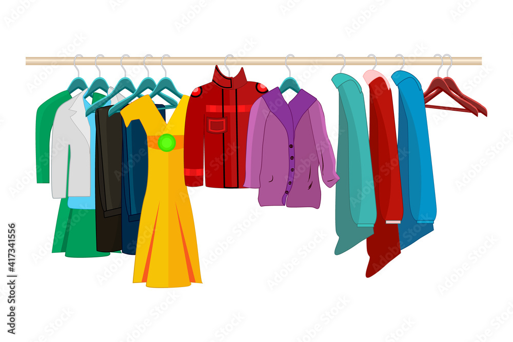 Clothes on hangers isolated on white background. Clothes and accessories fashion set. Seasonal sale concept.Clothing organization or storage.Inner space of closet or wardrobe.Stock vector illustration Clothes on hangers isolated on white background. Clothes and accessories fashion set. Seasonal sale concept.Clothing organization or storage.Inner space of closet or wardrobe.Stock vector illustration