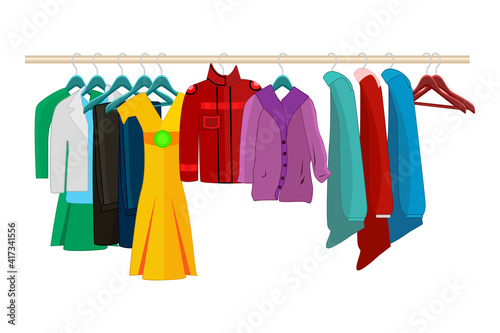 Clothes on hangers isolated on white background. Clothes and accessories fashion set. Seasonal sale concept.Clothing organization or storage.Inner space of closet or wardrobe.Stock vector illustration