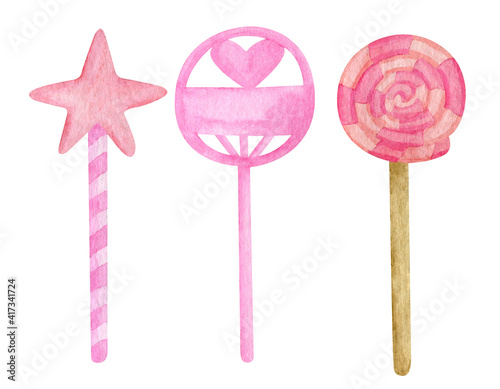 Watercolor cute lollipop set. Hand painted pink round and star shaped candies for girls, Birthday cake topper isolated on white background. Party clipart for cards, decoration.