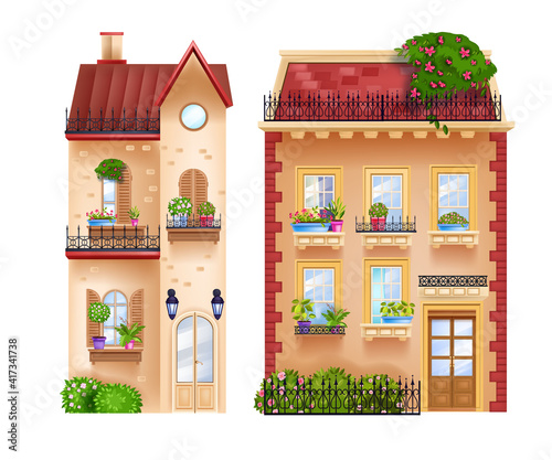 Vector buildings facades, vintage cottages, old town houses isolated on white, rooftops, windows. European traditional city architecture elements, blooming house plants. Vintage buildings front view