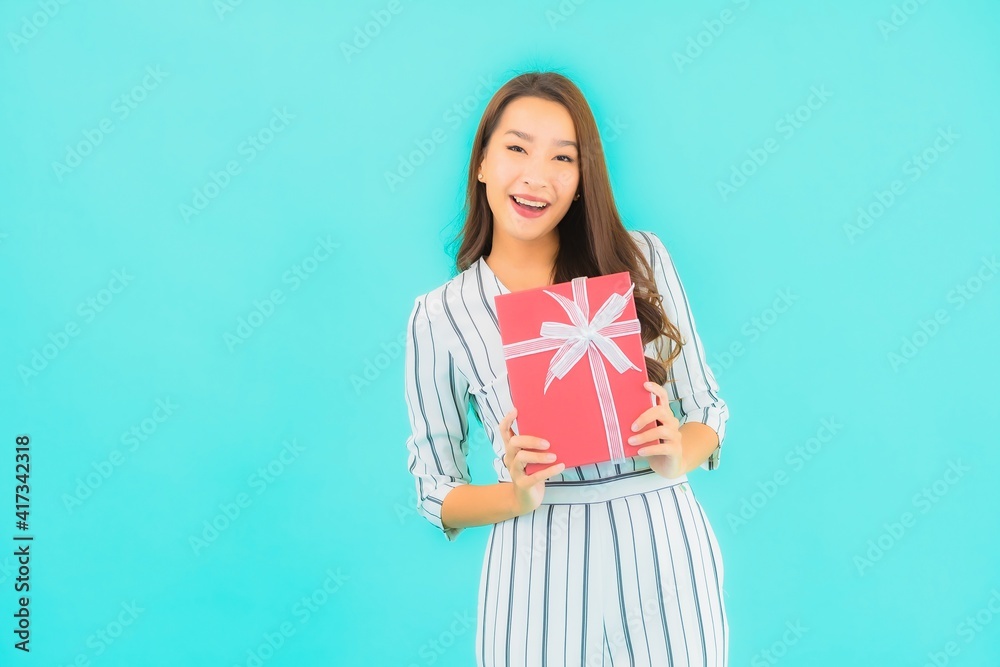 Portrait beautiful young asian woman with red gift box Portrait beautiful young asian woman with red gift box