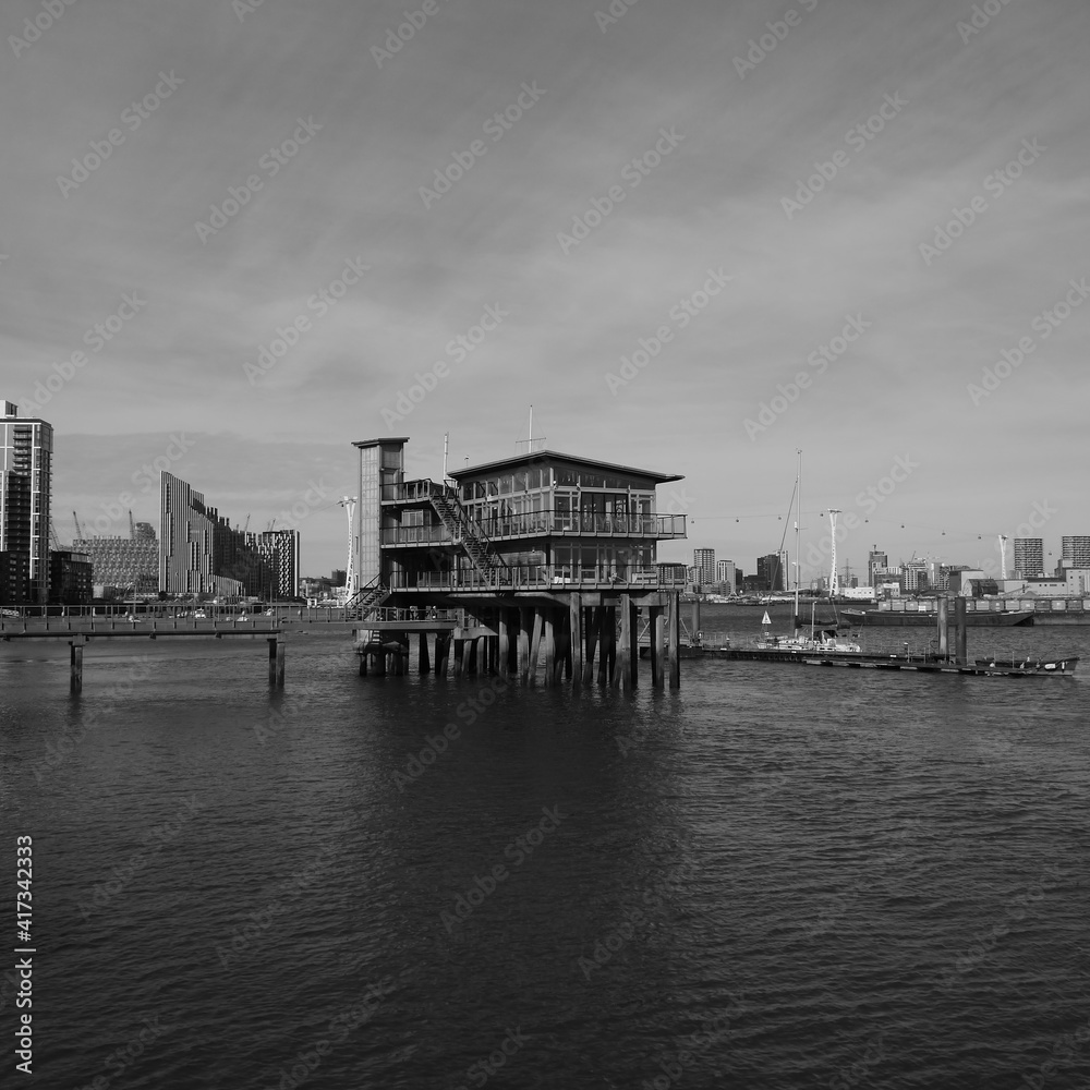 Greenwich Yacht Club on river Thames east London black and white 