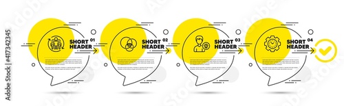 Teamwork, Person idea and Euler diagram line icons set. Timeline infograph speech bubbles. Time management sign. Employees change, Lamp energy, Relationships chart. Settings. Technology set. Vector