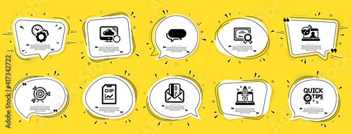 Education icons set. Speech bubble offer banners. Yellow coupon badge. Included icon as Time management, Credit card, Recovery cloud signs. Messenger, Target, Report document symbols. Vector