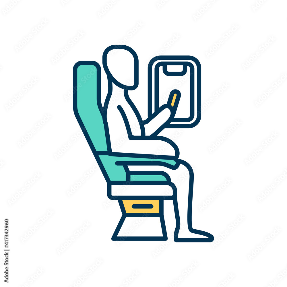 WiFi in airplanes RGB color icon. Flight mode. Inflight wireless internet connection. Mobile communications on aircraft. Access to network. In-flight connectivity. Isolated vector illustration WiFi in airplanes RGB color icon. Flight mode. Inflight wireless internet connection. Mobile communications on aircraft. Access to network. In-flight connectivity. Isolated vector illustration