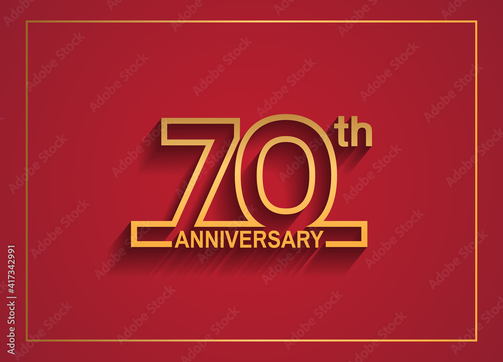 70 anniversary design with simple line style golden color isolated on red background