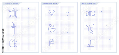 Connect dots with straight lines and draw icon. Logic game for kids on square paper. Repeat the image by example. Educational game for attention for children of kindergarten and preschool age. photo