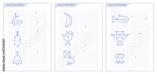 Worksheet for children coloring book. Logic game for kids on square paper. Connect dots with straight lines and draw icon. Repeat the image by example.