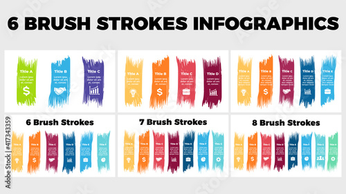 Infographics Pack for 3, 4, 5, 6, 7, 8 steps, options. Color brush strokes. Presentation slide template. Creative banners elements. 